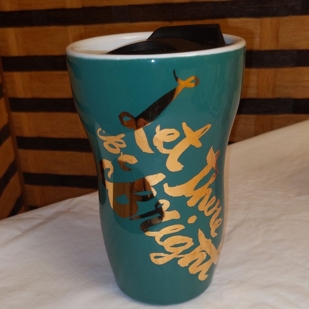 Starbucks "Let There Be Bright" Coffee Cup Tumbler with Lid Ceramic Green Gold